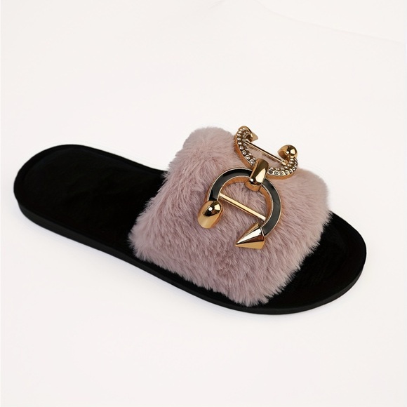 Glam Blush Faux Fur Slide Slippers w/ Gold Statement Hardware Boutique Cozy Luxe - Picture 2 of 3